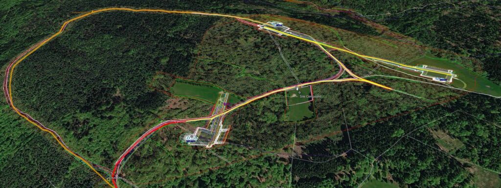 Pomiar farmy wiatrowej dronem LiDAR, topografia 3D nałożona na projekt
